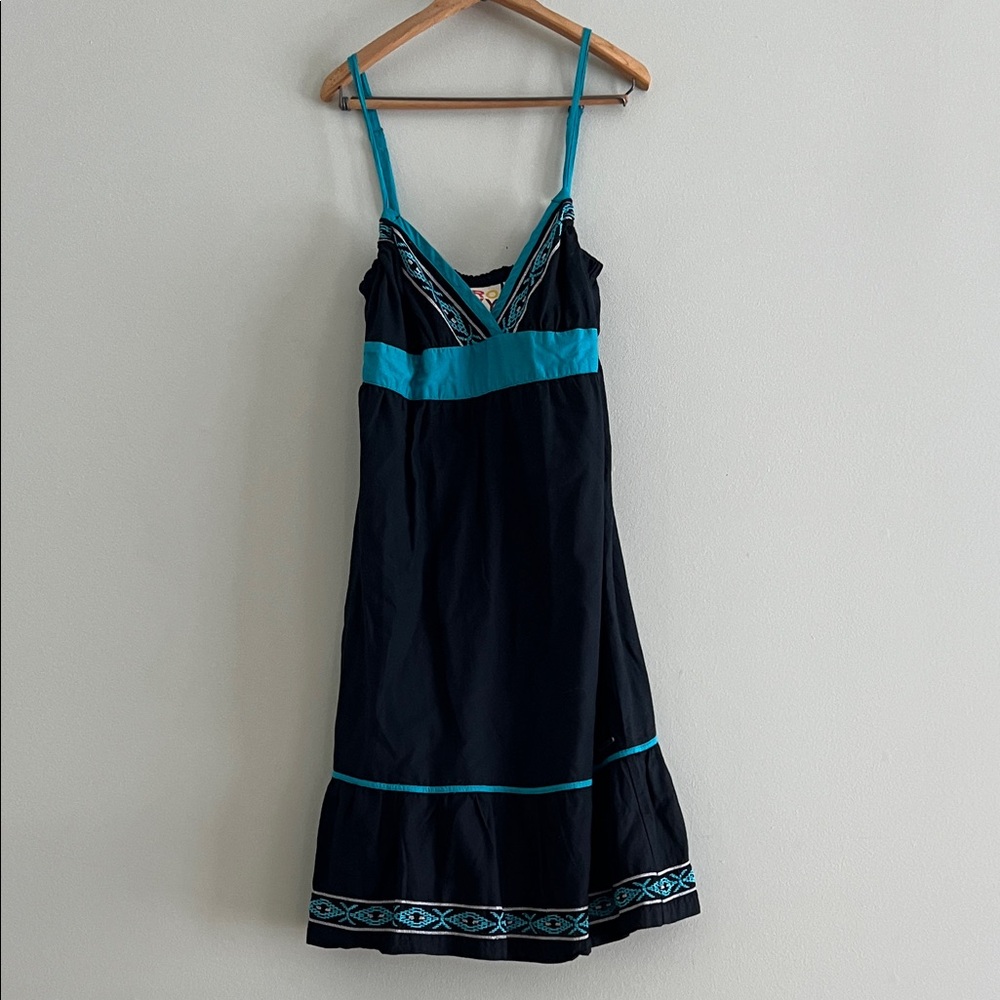 Roxy Black and Teal Embroidered Sundress Embroidered & Lines Med